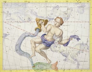 Vízöntő csillagkép, 9. tábla az „Atlas Coelestis”-ből, John Flamsteed (1646-1710), 1729-ben megjelent (kézzel színezett metszet)